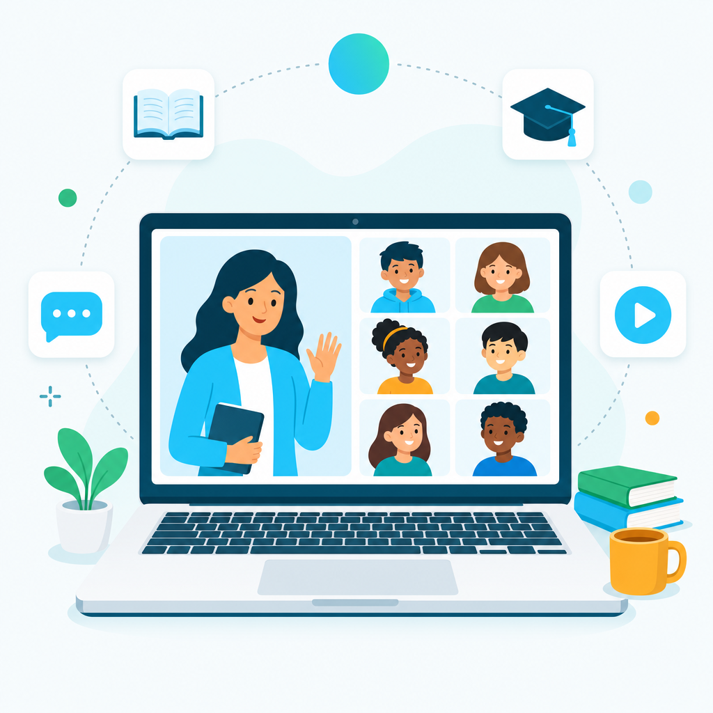 A teacher greeting her class in a live online lesson, with students joining from home