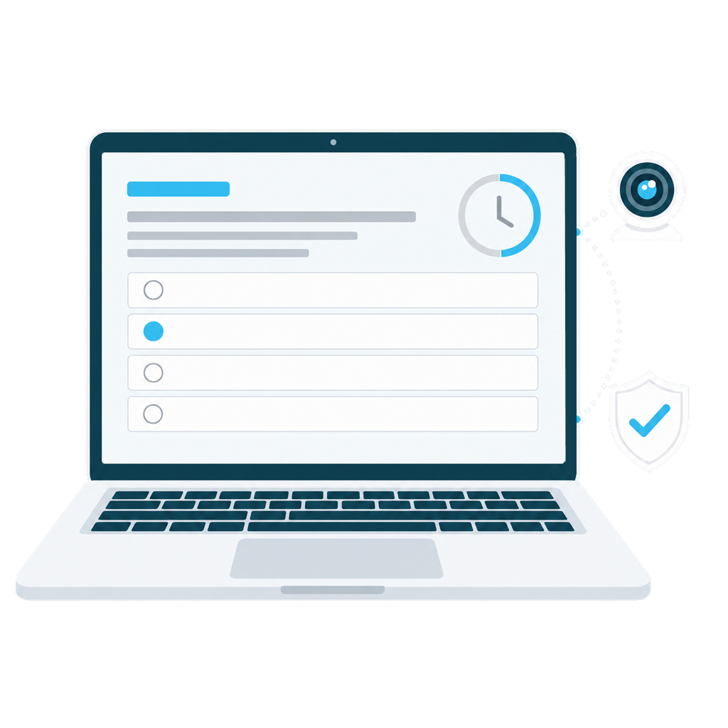 An online exam on a laptop, watched over by a webcam and a security shield