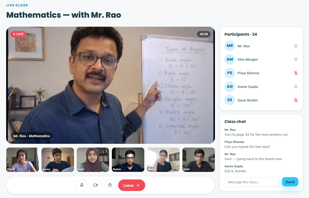 A live maths class in progress, with the teacher on video, student thumbnails and a class chat