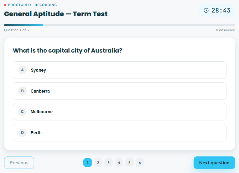 A proctored online exam question with multiple-choice answers, a countdown timer and question progress