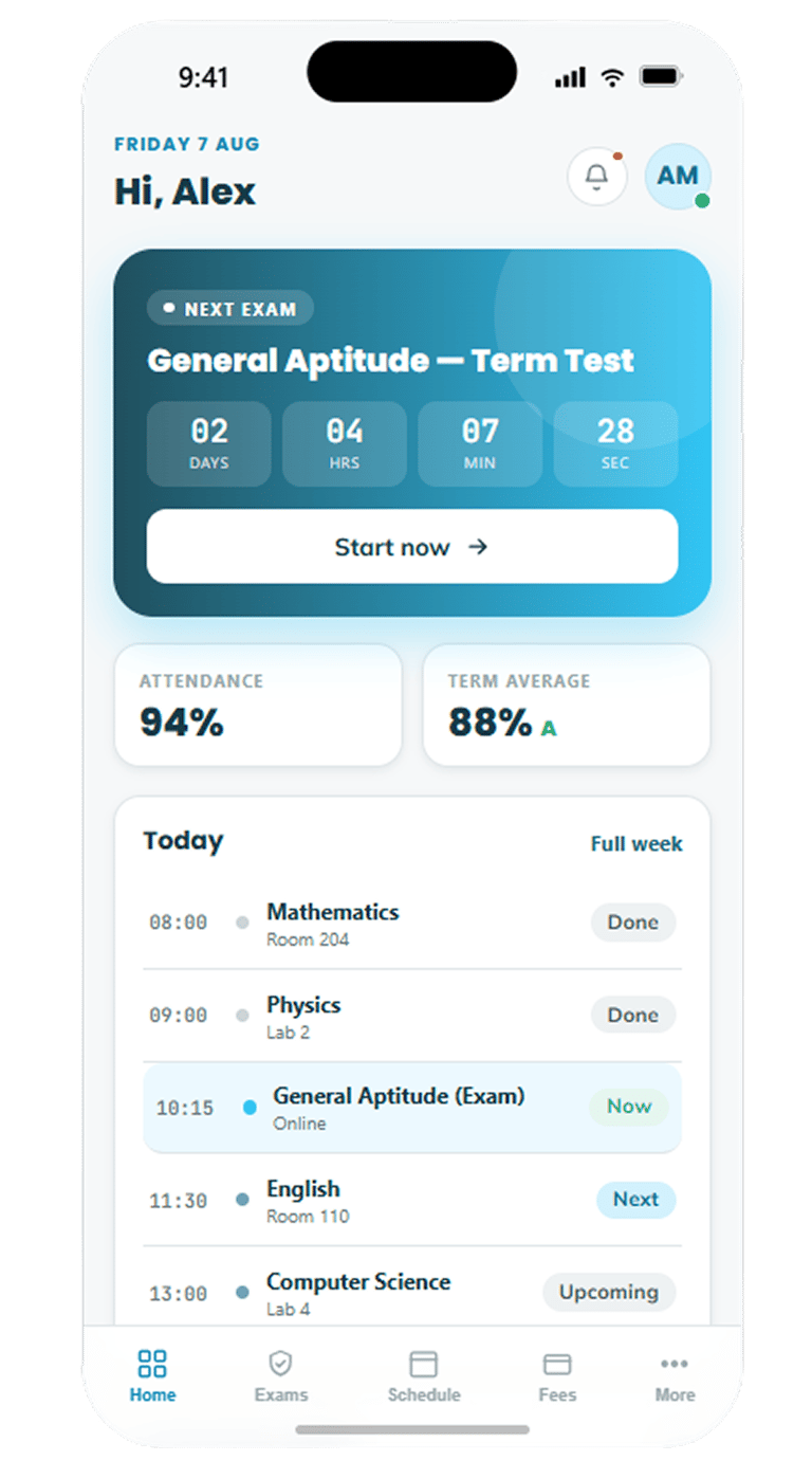 A student's phone showing the next exam countdown, attendance and the day's timetable